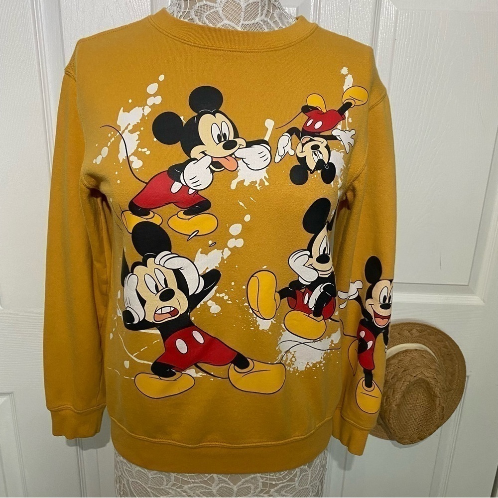 Disney Mickey Mouse Mustard Yellow Graphic Vintage Pullover Crewneck Sweatshirt